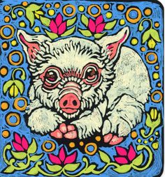 a drawing of a pig on a blue background with flowers and leaves in the foreground