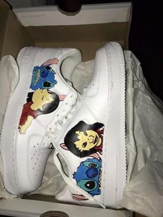 All hand painted and a finisher applets and will not off with any water Air Force 1 Stitch, Stitch Af1, Handmade Custom White Sneakers, Custom Handmade White Sneakers, Custom Air Force 1 Disney, White Handmade Custom Sneakers, Artistic Custom White Sneakers With Artwork, Air Force 1 Custom Disney, Artistic White Custom Sneakers With Artwork