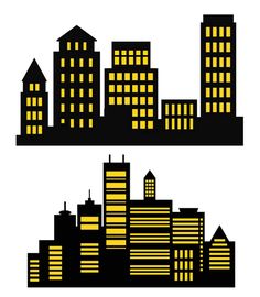 the silhouettes of city buildings are shown in black and yellow lights on white background