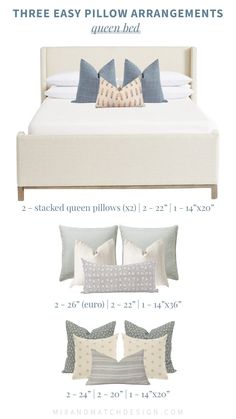 three easy pillow arrangements for queen size bed