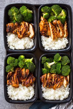 four plastic trays filled with chicken and broccoli on top of white rice