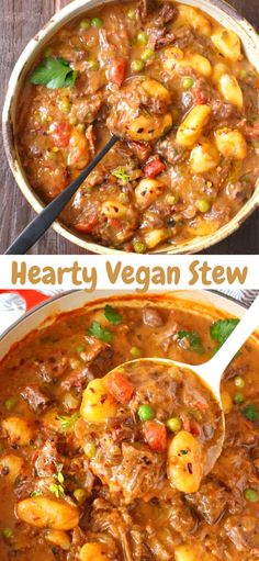 hearty vegan stew with shrimp and vegetables in a large pot on a wooden table