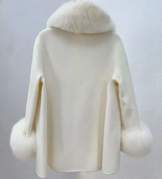 Women's Brand New Cream Cashmere Wool Cape Cloak Jacket with Fox Fur 🔥 | eBay Winter White Wool Outerwear For Winter, Winter Wool Outerwear In Winter White, Winter White Wool Outerwear, Winter White Long Coat, Cream Wool Long Sleeve Outerwear, Winter White Long Pea Coat, Luxury Solid Outerwear For Fall, Chic Winter Blazer With Stand Collar, Fitted Winter White Wool Outerwear