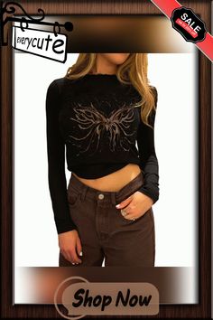 Butterfly Y2k Top Black Grunge Long Sleeve T Shirt Slim O Neck Retro Pullovers Women Autumn Harajuku Casual Tee Shirts Black Y2k Style Top For Fall, Black Y2k Top For Fall, Y2k Black Top For Fall, Y2k Crop Top For Fall Streetwear, Black Y2k Crop Top For Streetwear, Y2k Style Black Crop Top For Streetwear, Long Sleeve Grunge Tops For Spring, Y2k Black Long Sleeve Tops, Grunge Streetwear Tops For Fall