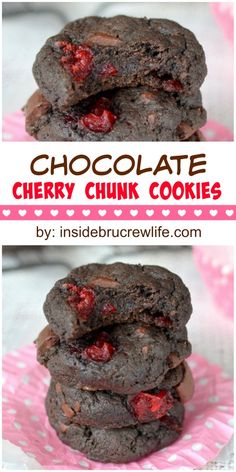 chocolate cherry chunk cookies stacked on top of each other