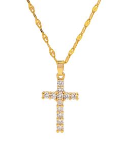 Cross Necklace Material: 18K Gold Plated over Premium 316L Stainless Steel with Zirconia Care: Water/ Sweat Resistant (No Discoloration or Tarnishing) Length: 18" Adjustable Yellow Gold Cubic Zirconia Cross Necklace, Tarnish-resistant Yellow Gold Cross Necklace, Gold-plated Cross Necklace With Adjustable Chain, Hermes Necklace, Luxury Diamond-accented Cross Pendant Necklace, Gold-plated Yellow Gold Crucifix Necklace, Diamond Cross, Cross Necklace, Chain Necklace