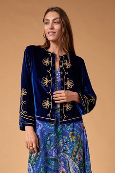 Our best selling Hendrix Jacket is back! Designed in the most deliciously luxe, buttery soft velvet in a bold Cobalt colourway, this jacket has intricate soutache detail throughout and is complete with functioning custom art deco buttons. Paired perfectly with the Empire Dress - Mystic Lagoon or Piper Velvet Dress - Mystic Lagoon for a double velvet moment! Please note this item is final sale. Sam wears size AU 8 and is 178cm. DETAILS True to size Fully lined Intentional boxy fit Waist length st Empire Dress, Pretty Clothes, Velvet Jacket, Hendrix, Waist Length, Lining Fabric, Scarf Hairstyles, Mandarin Collar, Soft Velvet