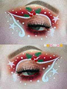 Christmas Cheek Makeup, Festive Eye Makeup Christmas, Hot Cocoa Makeup, Santa Makeup Looks, Christmas Eye Makeup Looks, Christmas Tree Makeup Look, Christmas Graphic Liner Makeup, Christmas Eyeshadow Looks Step By Step, Grunge Christmas Makeup