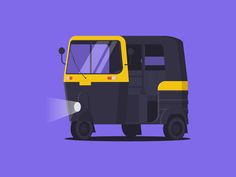 a small yellow and black vehicle with its door open on a purple background that is slightly flat