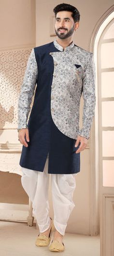 Blue color IndoWestern Dress in Silk fabric with Embroidered, Zari work Elegant Blue Floral Print Kurta, Formal Blue Kurta With Floral Embroidery, Blue Cotton Dress For Eid, Blue Cotton Wedding Dress, Blue Fitted Kurta For Spring, Blue Fitted Floral Print Kurta, Blue Cotton Formal Dress, Formal Blue Cotton Dress, Blue Cotton Kurta For Wedding