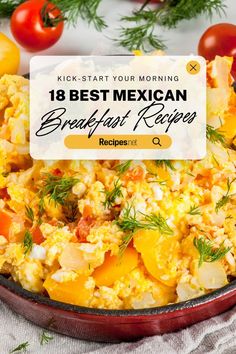 mexican breakfast recipe with tomatoes and eggs in a red skillet on a white table