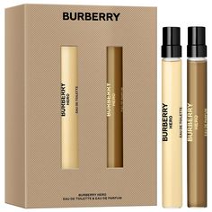 Set Description: This is the Burberry Hero gift set for men. Burberry Hero Eau de Toilette is a strong yet subtle woody, aromatic fragrance invigorated with juniper, black pepper, cedarwood, and sparkling bergamot. Burberry Hero Eau de Parfum reveals a trio of warm cedarwood oils, pine needles, benzoin, and incense.About the Bottle: These BURBERRY scents come in travel-spray formats.This Set Contains:- 0.33 oz/ 10 mL Burberry Hero Eau de Toilette Travel Spray- 0.33 oz/ 10 mL Burberry Hero Eau de His And Hers Perfume, Burberry Hero, Bergamot Essence, Gift Set For Men, Brown Glass Bottles, Cedarwood Oil, Holiday Gift Sets, Fragrance Gift, Fragrance Gift Set