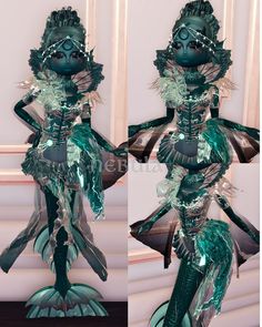 two pictures of a green mermaid with wings