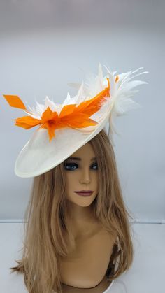 Beautiful ivory and orange wedding fascinator with coral flowers. Discretely secured with a headband elastic..It has an elegant a classy look. Great way to compliment your wedding,  bridal shower,  rehearsal dinner,  cocktail party, Esther or church outfits. Adjustable headband. Hair clip may be added - Rear Find - Ready to ship  - Lightweight - Fast shipping - Customize by adding different color flowers and or feathers Check my store for for styles and colors.  etsy.com/shop/hatsandpearls Find Orange Mini Hat For Kentucky Derby Races, Orange Costume Hat For Kentucky Derby Races, Orange Wedding Costume Hat For Summer, Summer Wedding Orange Costume Hat, Spring Orange Mini Hat For Wedding, Orange Costume Hats And Headpieces For Kentucky Derby, Orange Costume Hat For Summer Wedding, Orange Wedding Hats For Spring, Wedding Mini Hat In Orange With Adjustable Fit