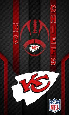 the kansas chiefs and new england football logos on a black background with red stripeing