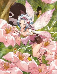 a fairy sitting on top of pink flowers next to a black and white dog in the background