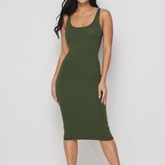 This Dress Features A Stretch Ribbed Knit Fabric And Scoop Neckline. True To Size Stretchy 70% Rayon, 30% Nylon Cheap Chic Midi Dress By Forever 21, Green Ribbed Midi Dress, Green Ribbed Bodycon Midi Dress, Spring Ribbed Dress With Scoop Neck, Spring Ribbed Scoop Neck Dress, Casual Green Ribbed Midi Dress, Spring Ribbed Scoop Neck Bodycon Dress, Green Ribbed Knit Dress, Green Ribbed Knee-length Sweater Dress