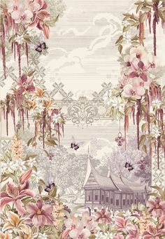 an ornate wallpaper with pink flowers and butterflies in the background, on top of a white