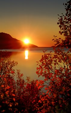 the sun is setting over a lake with mountains in the background and trees around it