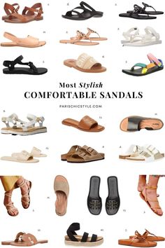 Most comfortable sandals for women for walking, travel. Best stylish sandals for travel Teva, Tory Burch, French sandals Sezane, Birkenstock, Crocs, Timberland, Chloe, French Sole. From Steve Madden sandals, inspired by the streets of New York, captures the latest in streetwear to create a collection that has taken the fashion world by storm. Tory Burch is reinventing the designer sandal with timeless silhouettes & genuine materials. #parischicstyle #parisianstyle #fashion #travel #sandals Dressy Casual Sandals, Stylish Flat Sandals For Women, Comfortable Sandals Summer, Comfortable Flat Sandals For Women, Sandals With Dresses, Sandals For Dresses Summer, Timberland Sandals Outfit, Cute Flat Sandals Summer, Summer Dress And Sandals