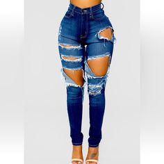 Fashion Nova Jeans Distressed Five Pockets Stretch Denim Size- 1 Color- Blue Like New Blue Jeans With Holes For Spring, Blue Denim Jeans With Holes, Trendy Blue Jeans With Holes, Fashion Nova Jeans, Jeans Distressed, Jeans Color, Colored Jeans, Stretch Denim, Fashion Nova