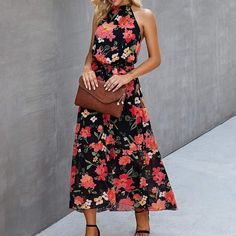 Black, Floral Maxi/Midi Dress With Halter Tie Neck And A Tie Waist. Perfect Colors For Fall! Would Look Adorable With A Blazer For Work Too. Pretty Garden Size Medium With Multiple Tiers And Slight Hi/Low Hemline. Fits True To Size Or Slightly Small (It Does Not Have Stretch, So If You Have A Fuller Top Or Bottom, May Be Snug). Partially Lined. Never Worn, But Does Not Have Tags. Minor Stitching Imperfection On The Elastic Back Band. Black Floral Print Maxi Dress For Summer, Black Flowy Sleeveless Midi Dress, Black Summer Dress For Garden Party, Black Floral Beach Dresses, Beach Floral Print Black Dress, Elegant Black Floral Dress For Vacation, Black Non-stretch Sundress, Black Non-stretch Midi Dress For Day Out, Non-stretch Black Midi Dress For Day Out