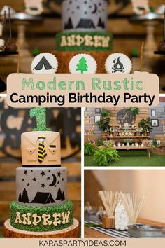 modern rustic camping birthday party with cake and decorations