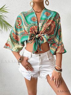 Lasaky - Batwing Sleeve Printed Short Top Beach Cover-up Embroidered Cami Top, Babydoll Tops, Women Tank Tops, Sleeves Clothing, Beach Tops, Lace Insert, Crop Blouse, Batwing Sleeve, Women Tops