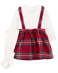 Baby 3-Piece Holiday Bodysuit & Plaid Skirtall Set - Carter's | Carter's Sibling Christmas Outfits, Santa Photos Outfit, Baby Dress Set, Plaid Baby, Dress Sets, Baby Christmas Outfit, Red Baby, Carters Baby, Black Sandals Heels