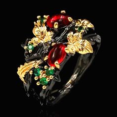 Beautiful Black Gold Twig Band & Gold Leaf Zircon Ring Size 7. Lots Of Detail To This Ring. Has Green & Red Zircon Stones For A Floral Design & Pretty Gold Leaves. Bezel Setting. Comfortable Fit. Brand New & Packaged. Beautiful Wedding Bands, Black Gold Ring, Bezel Set Ring, Leaf Flower, Ladies Ring, Jewelry Black, Party Rings, Silver Jewelry Rings, Handcrafted Rings