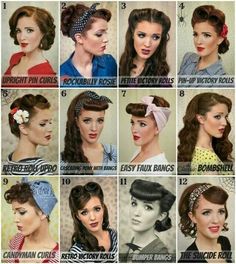 Stile Pin Up, Pinup Hair Tutorial, Retro Hairstyles Tutorial, Vintage Hairstyles Tutorial, 1950s Hairstyles, Hairstyle Names