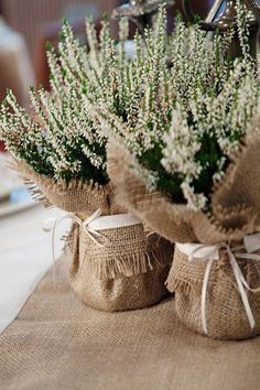 two vases filled with baby's breath flowers on top of a burlock covered table