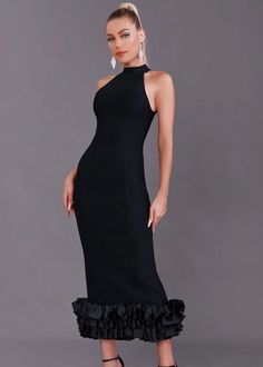 Expertly crafted with a halter neckline and a ruffle hem, this black cocktail dress is perfect for a night out. With a bodycon fit and midi length, it's an elegant and stylish choice. Elevate your look with this versatile and chic dress. Fabric: Medium Stretch Material: Polyester, Elastane Fitted Midi Dress With Ruffle Hem For Evening, Chic Black Halter Dress With Ruffles, Black Ruffle Hem Midi Dress For Party, Elegant Bodycon Halter Dress For Cocktail, Elegant Stretch Midi Dress With Ruffle Hem, Chic Midi Dress With Mermaid Hem For Night Out, Elegant Bodycon Halter Cocktail Dress, Fitted Black Halter Dress With Ruffles, Elegant Cocktail Bodycon Halter Dress