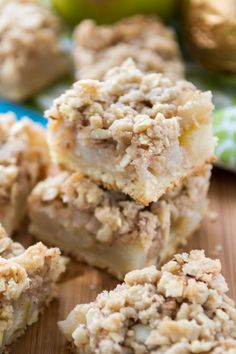 apple crumb bars stacked on top of each other