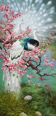 a painting of two white peacocks in a tree with pink flowers and green grass