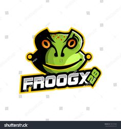 frog logo design with the word frogx on it's face and an orange eyes