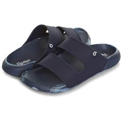 Navy Beach Slides With Cushioned Footbed, Navy Non-slip Sandals For Summer, Navy Non-slip Beach Sandals, Navy Synthetic Slides For Beach, Navy Slip-on Slides For Summer, Navy Cushioned Open Toe Slides, Casual Adjustable Slip-resistant Slides, Navy Synthetic Slides For Summer, Navy Open Toe Slides For Summer