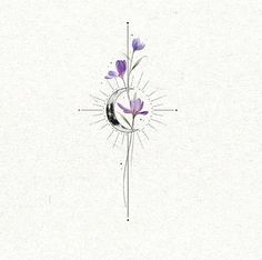 a drawing of purple flowers on a white background with the moon in the middle and stars above it