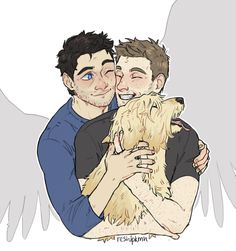 two men hugging each other with an angel behind them and one holding a dog in his arms