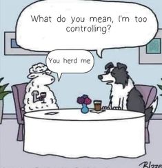 a cartoon dog sitting at a table with another dog on it's lap and the caption says what do you mean, i'm'm too controlling?