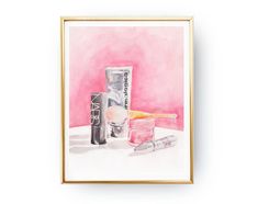 a watercolor painting of cosmetics on a pink background