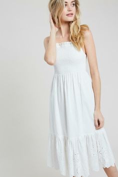 From beach days to a village stroll, all eyes will be on you in the adorable Summer Sun White Smocked Midi Dress! Adjustable tank straps top this sweet midi made from ivory white lightweight woven fabric. A square neckline and stretchy smocked bodice top a flowy midi skirt with an eyelet lace ruffle hem. DETAILS & CARE Cotton. Dry Clean. Imported. Sundress Boho, Flowy Midi Skirt, Eyelet Lace Dress, Flowy Midi Dress, Sundress Dress, Bodice Top, Casual White Dress, Midi Dress Summer, Pink Boho