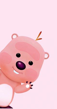 a pink teddy bear is smiling and holding something in its paws while standing on one leg