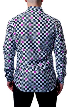 Patterned in a grid of grinning skulls, this shirt tailored from crisp cotton features a physique-hugging fit that looks great whether it's tucked or untucked. Spread collar Long sleeves 100% cotton Machine wash, dry flat Made in Turkey Purple Slim Fit Button-up Shirt, Purple Fitted Cotton Shirt, Purple Cotton Long Sleeve Dress Shirt, Purple Long Sleeve Cotton Dress Shirt, Fitted Purple Dress Shirt With Button Closure, Fitted Cotton Shirt With Skull Print, Fitted Purple Dress Shirt, Fitted Collared Purple Dress Shirt, Fitted Purple Button-up Top