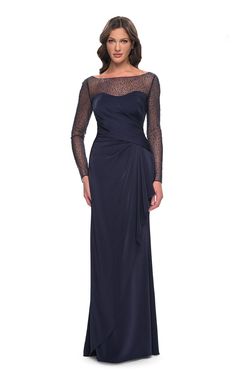 La Femme 30808 Navy Sheath Skirt, Ruffle Design, Full Length Dress, Bateau Neckline, Bride Style, Dress 16, Groom Dress, Dress Picture, Sheer Sleeves