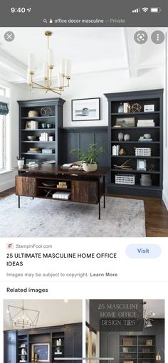 an image of a living room with black bookcases and chandelier on the ceiling