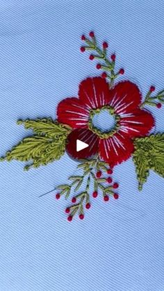 an embroidered flower with leaves and berries is shown on a blue background in this video