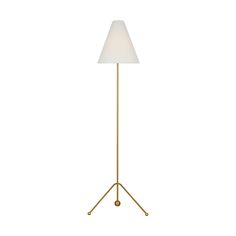 a gold floor lamp with a white shade on the top and a light bulb in the middle