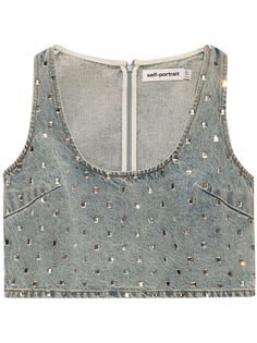 light blue cotton denim mid-wash rhinestone embellishment seam detailing scoop neck rear zip fastening sleeveless straight hem cropped Fashion Illustration Dresses, Embellished Denim, City Dress, Iconic Bags, Demi Fine Jewelry, Summer Beach Wear, Exclusive Fashion, Tank Top Designs, Fine Earrings