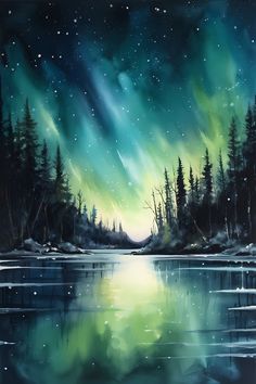 an oil painting of the night sky with stars and aurora bores in the background